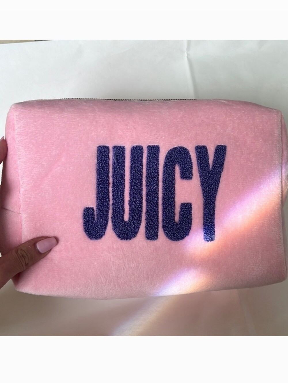 JUICY🩷 Juicy Couture Pink Soft Plushy Cosmetic Pouch With Gold Crown Charm